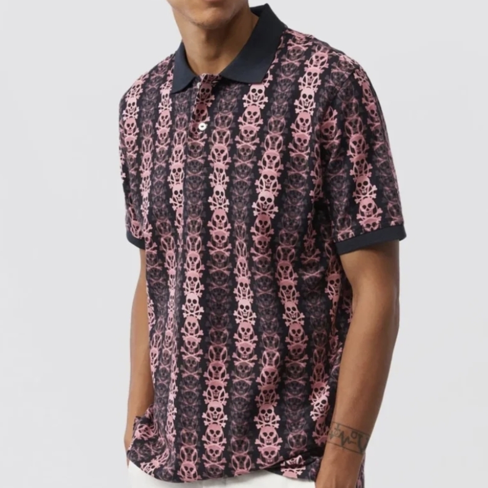 Psycho Bunny Men's Stacked All Over Print Bones Skull Short Sleeve Polo Large/6